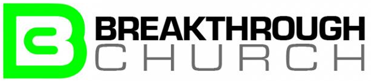 Logo with a green and white "B" icon on the left, and the words "BREAKTHROUGH CHURCH" in bold black and gray uppercase letters on the right.