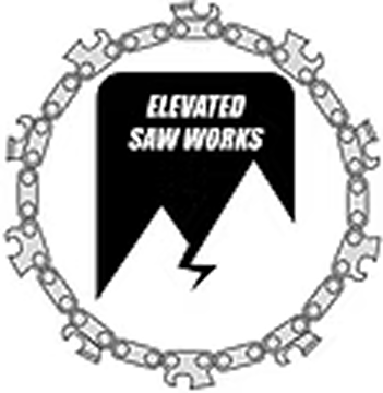 A logo featuring a mountain with a lightning bolt and "Elevated Saw Works" text, surrounded by a circular chainsaw chain border.