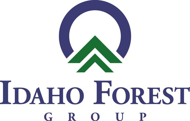 Idaho Forest Group logo with a blue circular outline, green stylized tree, and the text "Idaho Forest Group" in blue below the graphic.