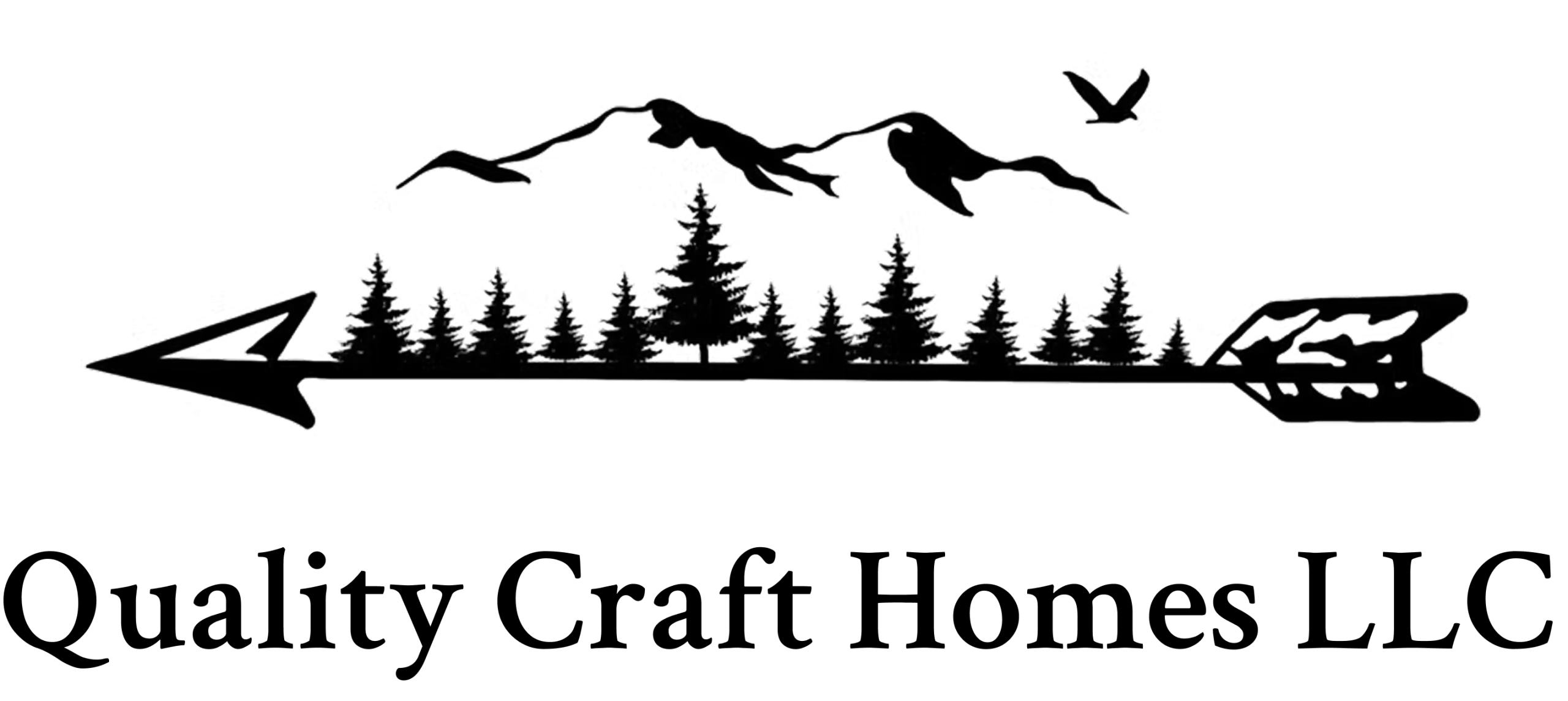Black and white drawing of mountains, pine trees, and a bird, with an arrow running horizontally beneath the landscape.