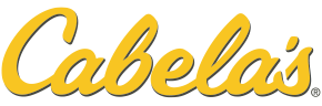 Cabela's logo in yellow script font on a light gray background.
