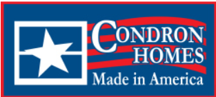 A logo with a white star in a blue square, red stripes, and the text "CONDRON HOMES Made in America.