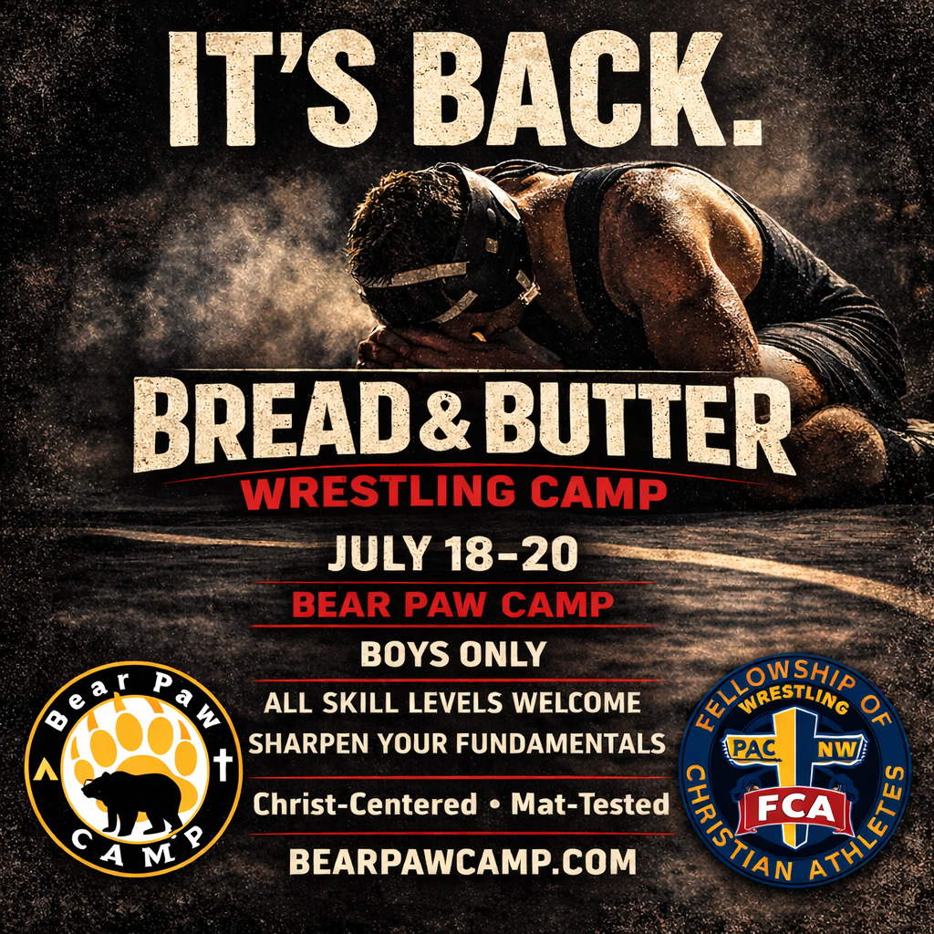 A wrestler kneels on a mat under the text: "It's Back. Bread & Butter Wrestling Camp, July 18-20, Bear Paw Camp. Boys only. All skill levels. Christ-centered. bearpawcamp.com.