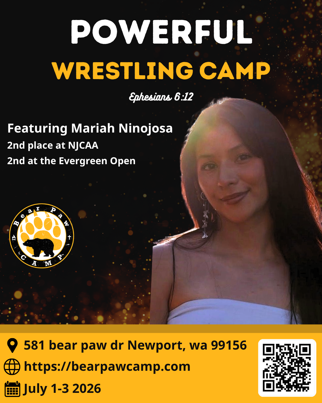 Flyer for "Powerful Wrestling Camp" featuring Mariah Ninojosa, with event details, location, QR code, and contact information on an orange and black background.