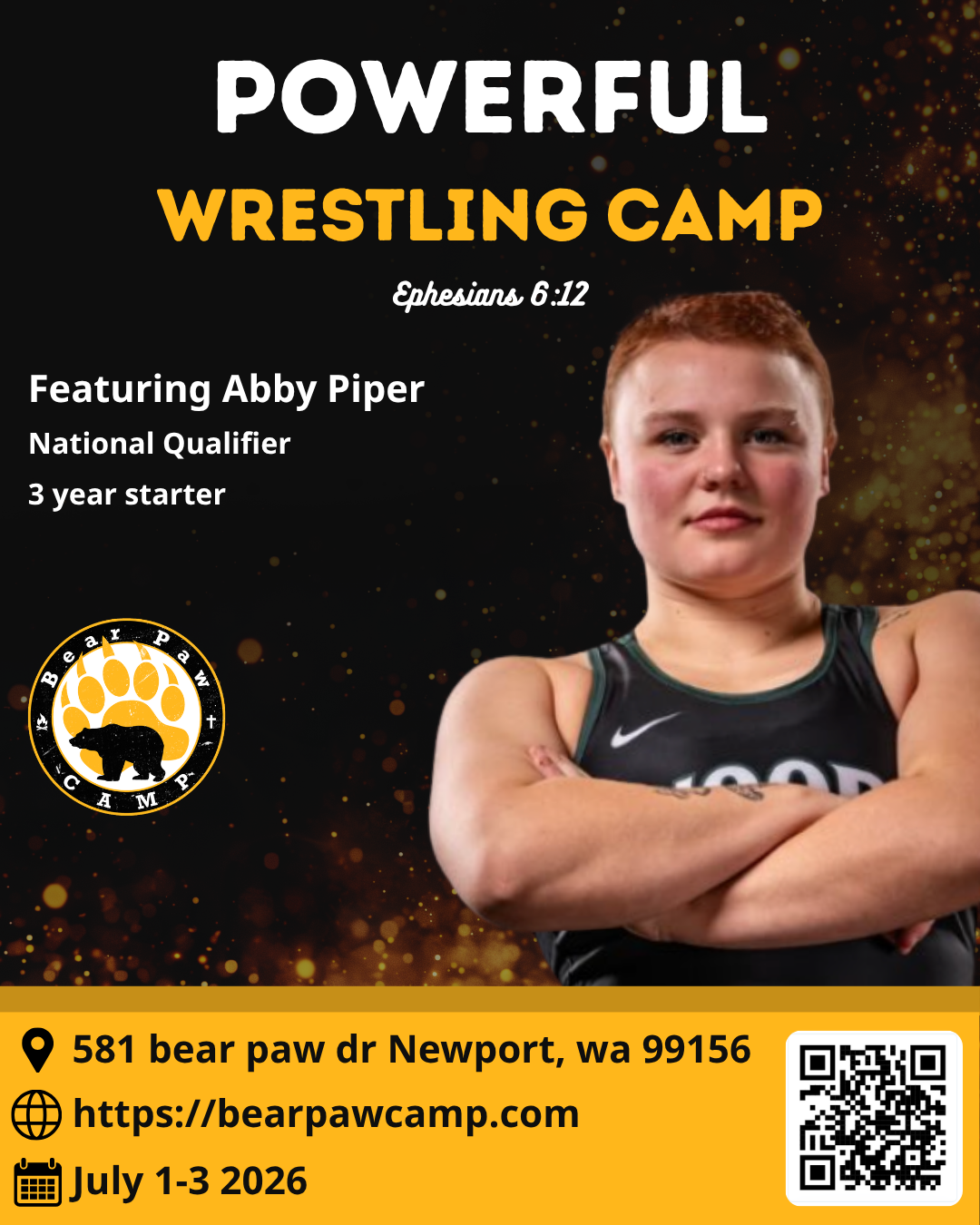 A wrestler in uniform with arms crossed stands in front of a black background. Text promotes a wrestling camp in Newport, WA, featuring Abby Piper, July 1-3, 2026.