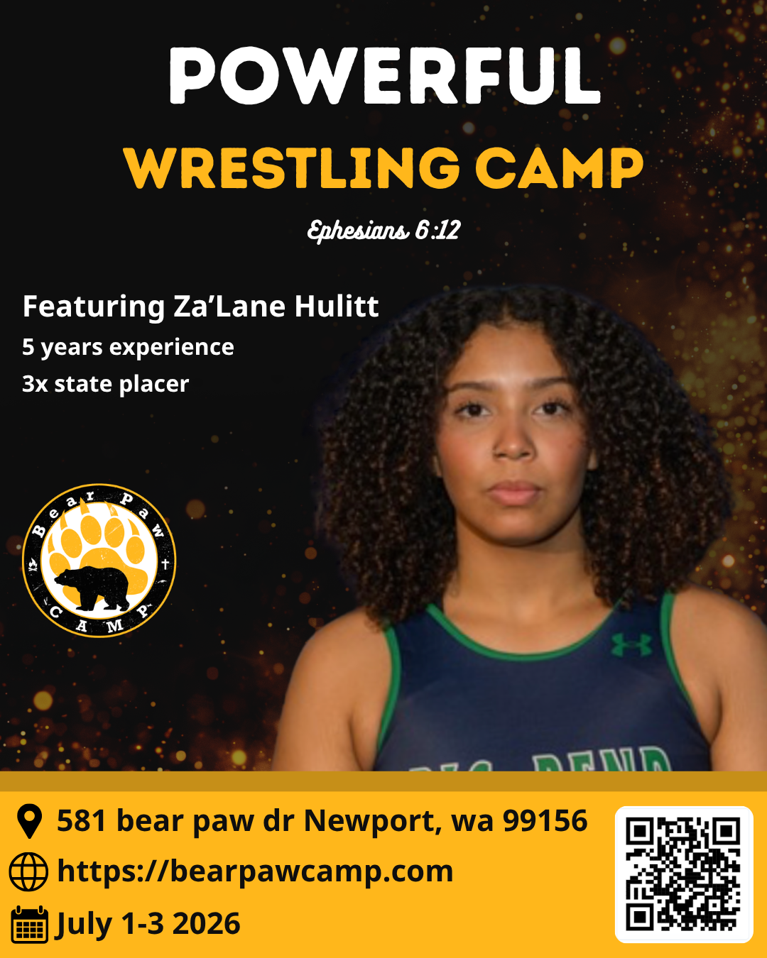A promotional flyer for Bear Paw Wrestling Camp featuring Za’Lane Hulitt, with camp details, dates, address, website, and a QR code.